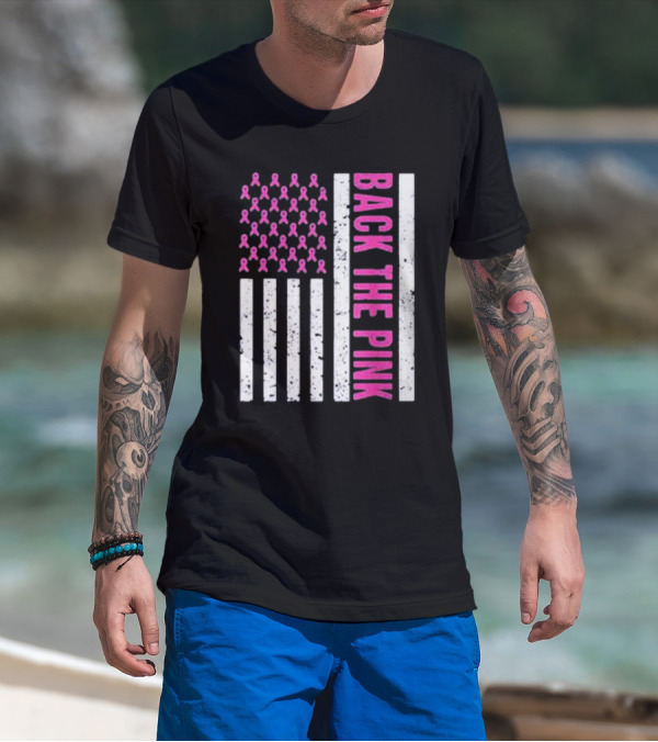 Back The Pink Breast Cancer Awareness American Flag Ribbons T-Shirt