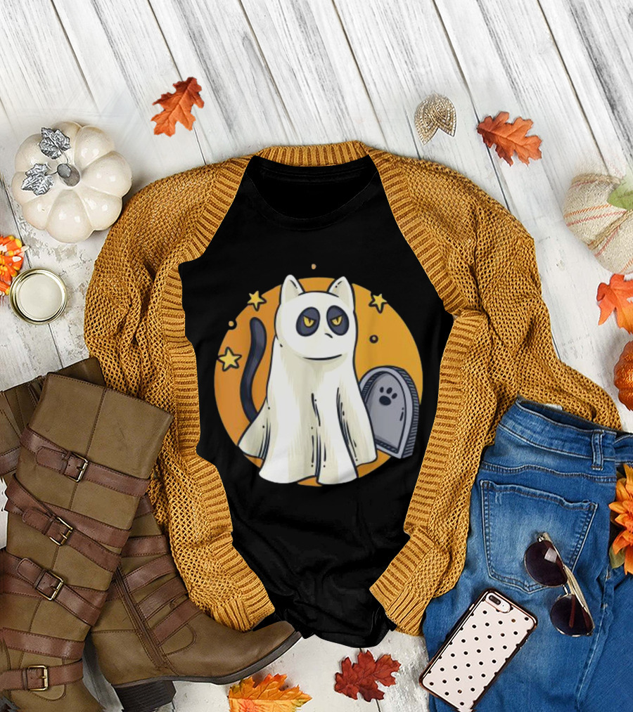 Cute Ghost Cat Halloween Outfit Black Cat with Stars and Tombstone T-Shirt