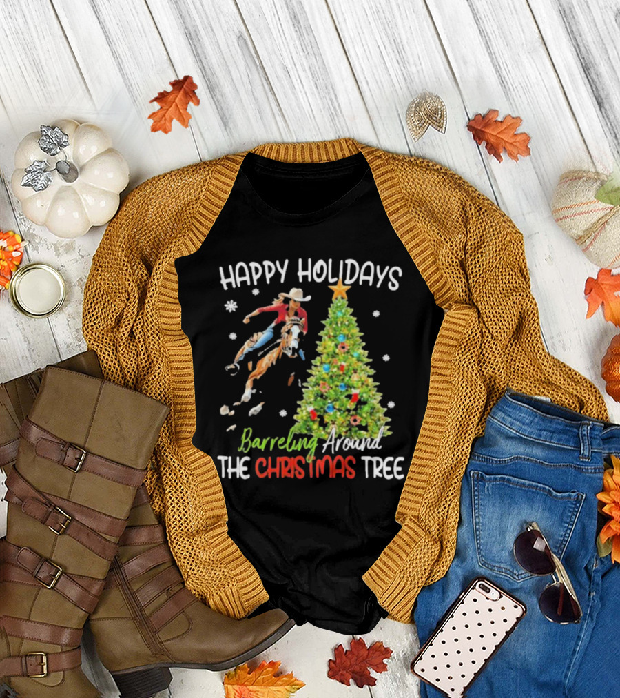 Happy Holidays Cowgirl Barrel Racing Around the Christmas Tree T-Shirt