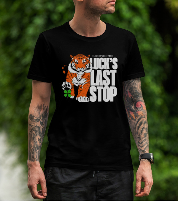 Clemson Volleyball Tiger Luck's Last Stop Tiger Paw With Clover T-Shirt
