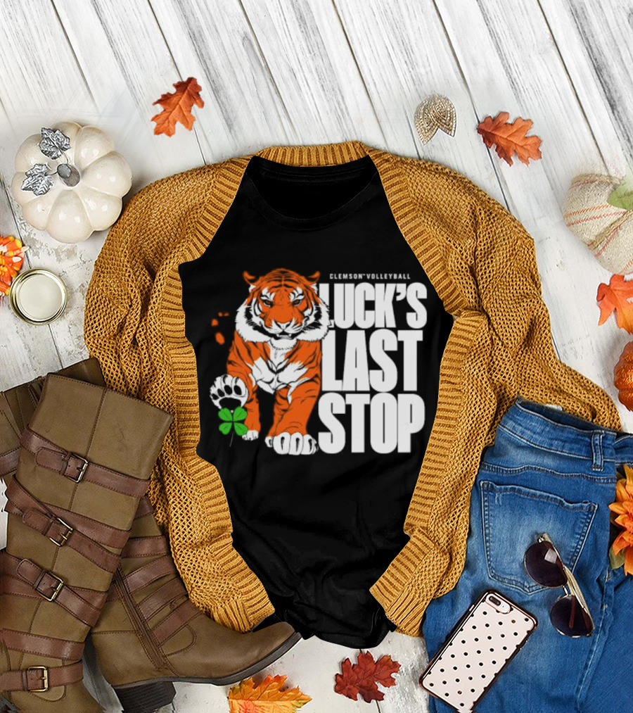 Clemson Volleyball Tiger Luck's Last Stop Tiger Paw with Clover T-Shirt