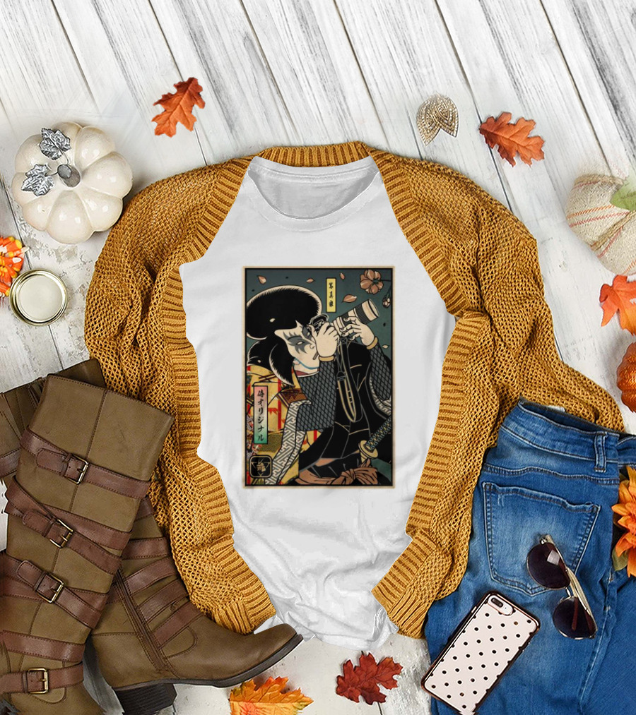 Samurai Ukiyo-e Style Photographer with Katana and Cherry Blossoms T-Shirt