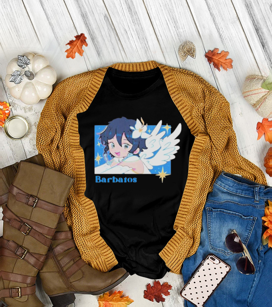 Genshin Impact Barbatos Angelic Blue Winged Character with Stars T-Shirt