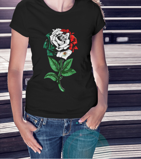 Rose In Colors Of Mexican Flag With Emblem T-Shirt