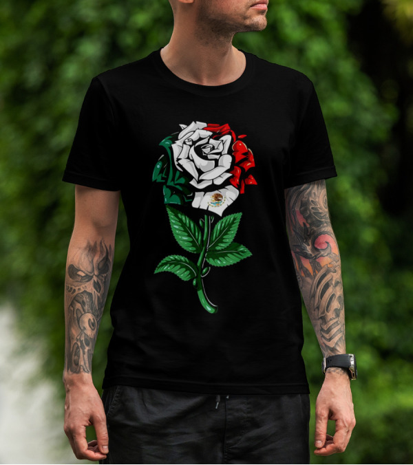 Rose In Colors Of Mexican Flag With Emblem T-Shirt