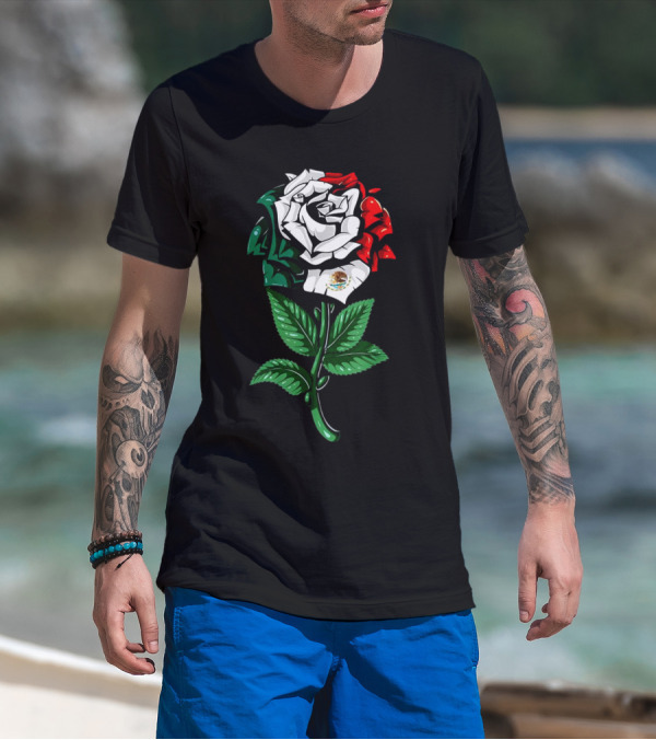 Rose In Colors Of Mexican Flag With Emblem T-Shirt