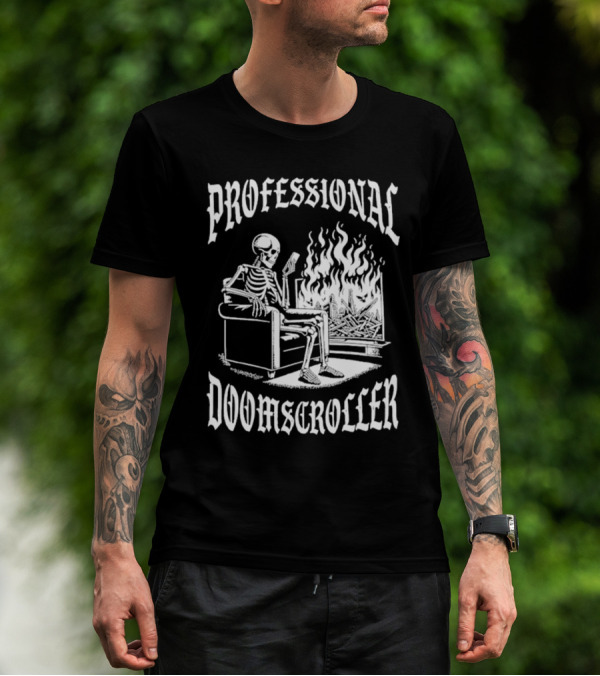 Professional Doomscroller Skeleton By Fireplace T-Shirt