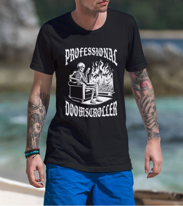 Professional Doomscroller Skeleton By Fireplace T-Shirt