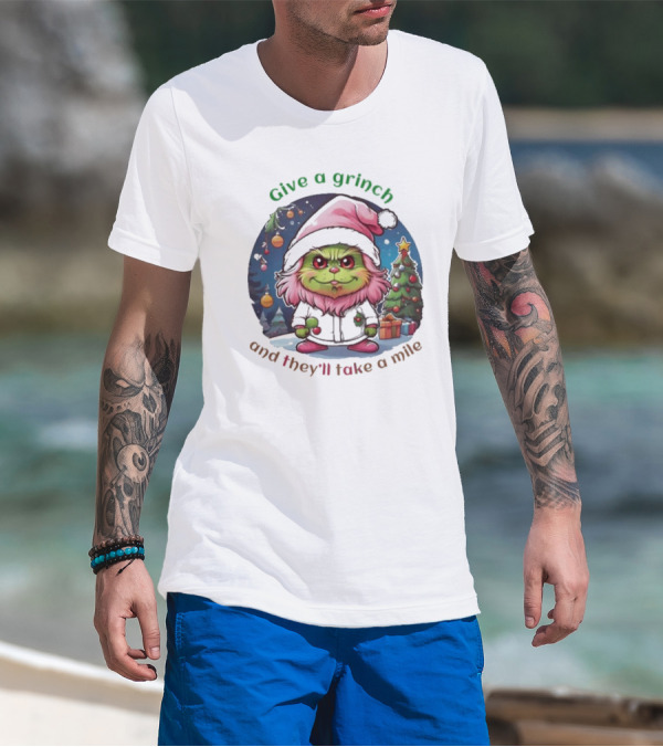 Chibi Pink Grinch Christmas Scene Give A Grinch And They’ll Take A Mile T-Shirt