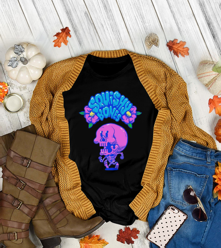 Danny Gonzalez Squishy Bones Vibrant Skull and Flowers Navy T-Shirt