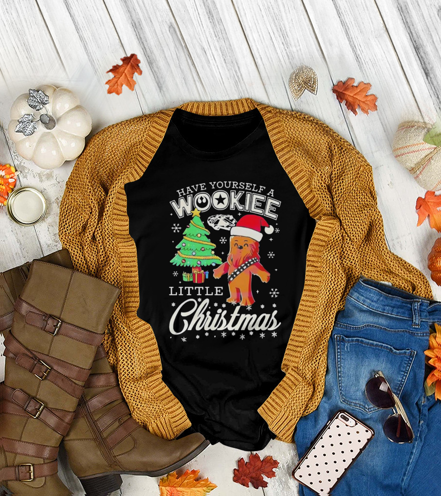 Have Yourself A Wookiee Little Christmas Tree Chewbacca Santa Hat Millennium Falcon Snowflakes T-Shirt