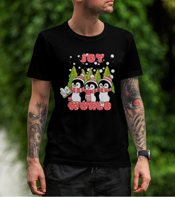 Joy World Penguins Singing With Trees And Snowflakes T-Shirt