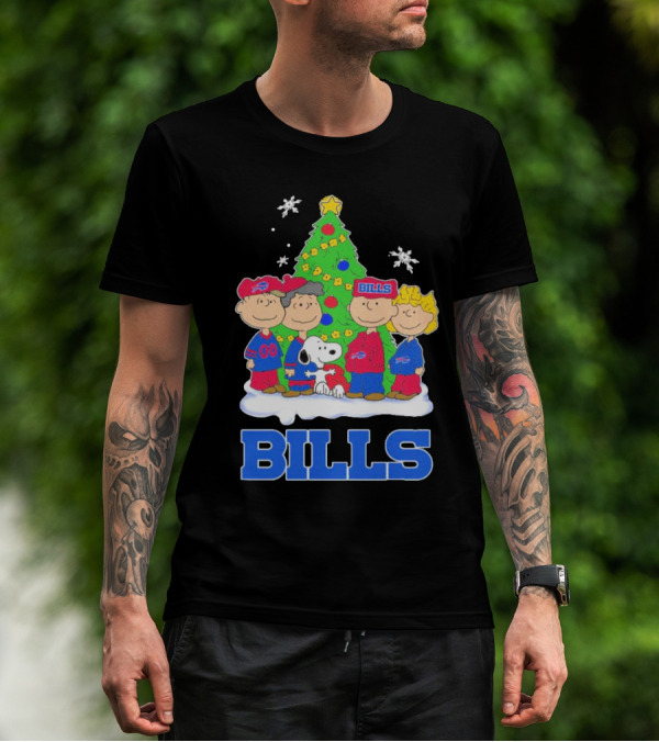 Peanuts Characters With Buffalo Bills Christmas Tree And Snowflakes T-Shirt