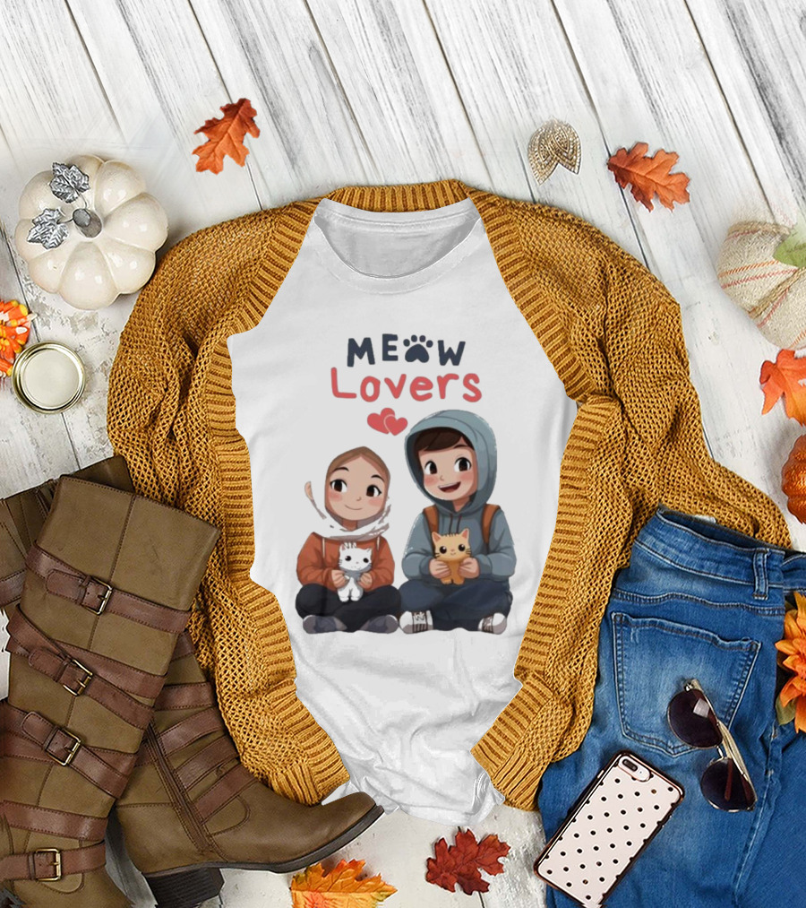 Meow Lovers Cute Boy and Girl with Kittens T-Shirt