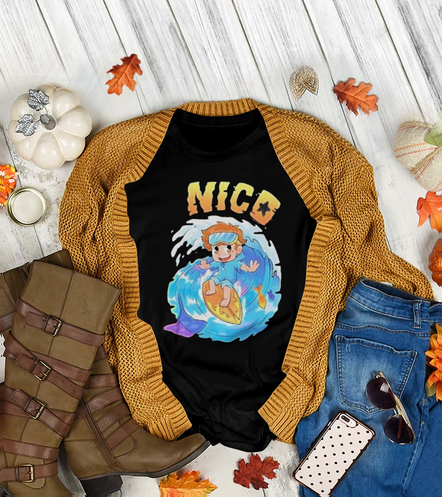 Nico Surfing in Ocean Wave Art with Cash and Nico Nico Starfish T-Shirt
