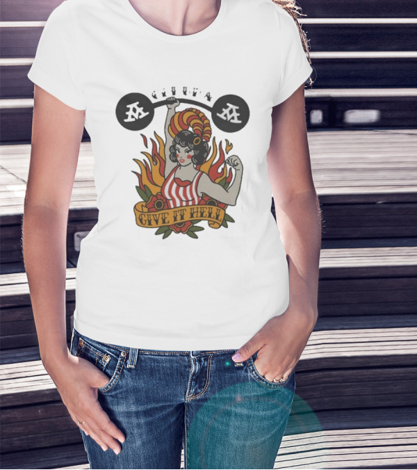 Get Up Give It Hell Retro Strongwoman Flames Barber Pole Haircurl Stripes Roses Boxing Gym Vintage T-Shirt