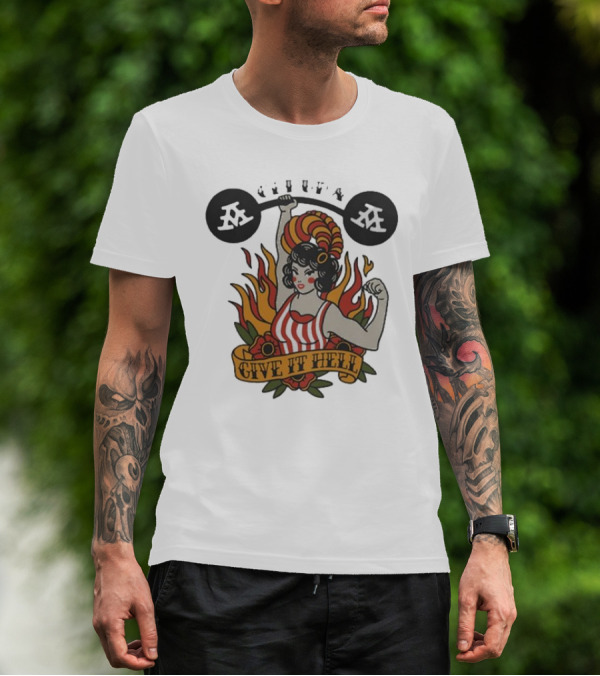 Get Up Give It Hell Retro Strongwoman Flames Barber Pole Haircurl Stripes Roses Boxing Gym Vintage T-Shirt