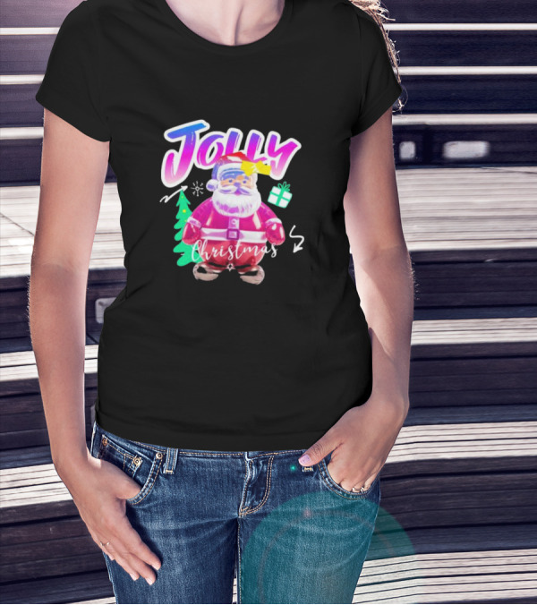 Jolly Merry Christmas Santa Balloon With Gift And Christmas Tree T-Shirt