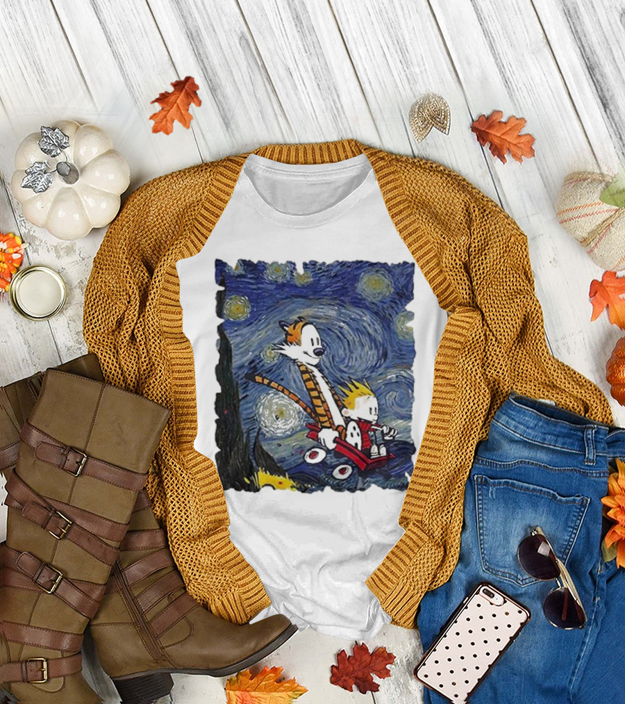 Vincent Van Gogh Starry Night Calvin and Hobbes Wagon T-Shirt