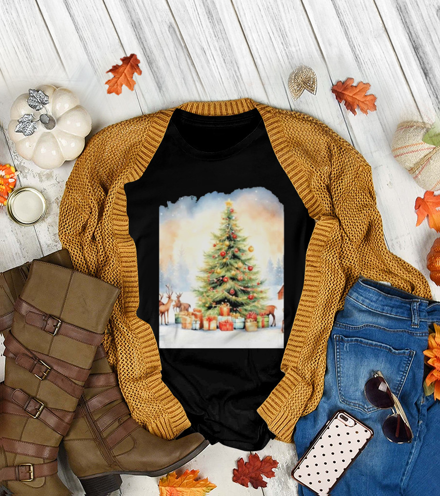 Watercolor Christmas Tree with Reindeer and Presents Scene T-Shirt