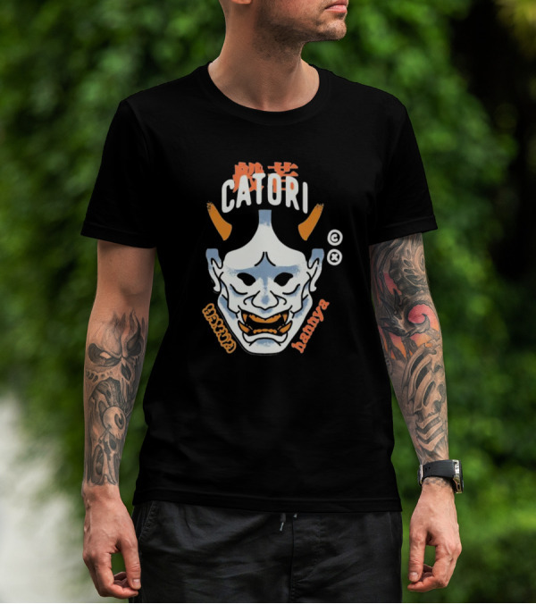 Catori Hannya Mask Face Copyright Symbol Orange Horns T-Shirt