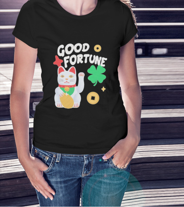 Good Fortune Cat With Clover And Coins T-Shirt