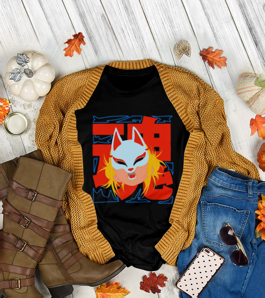 Kitsune Catori Mask with Red Kanji and Blond Hair T-Shirt