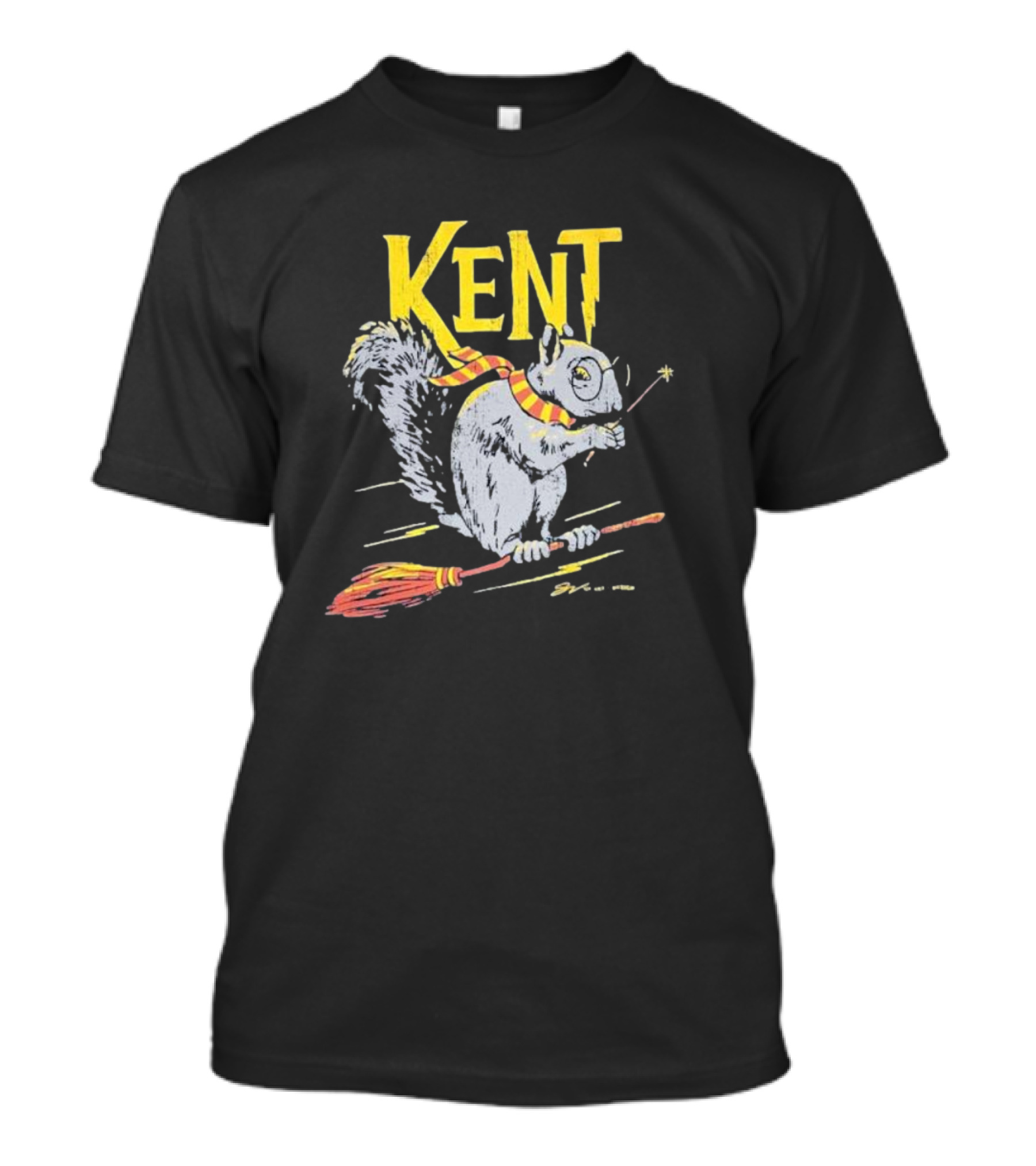Kent Wizardly Squirrel Riding Broomstick With Wand And Scarf T-Shirt