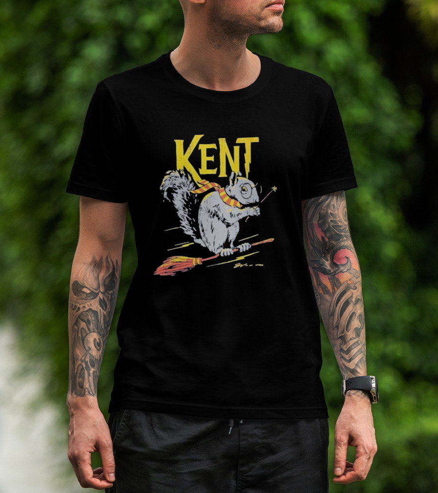 Kent Wizardly Squirrel Riding Broomstick With Wand And Scarf T-Shirt