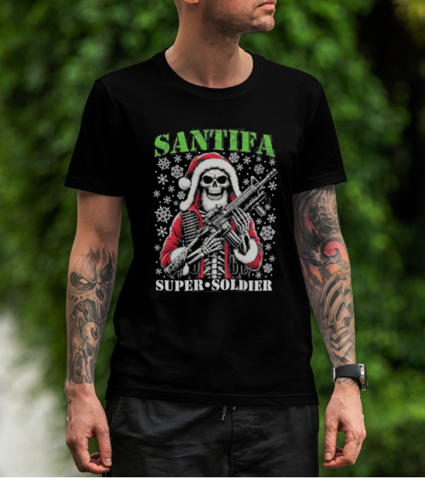 Santifa Super Soldier Skeleton Santa With Snowflakes And Rifle T-Shirt