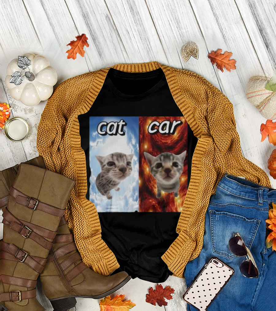 Cat Car Cringey Showdown in Cosmic Clouds and Fiery Vortex T-Shirt