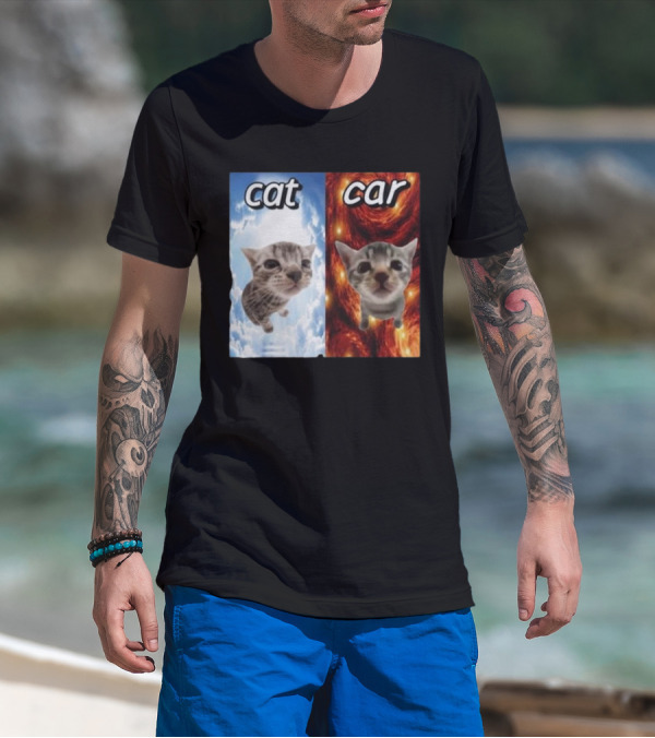 Cat Car Cringey Showdown In Cosmic Clouds And Fiery Vortex T-Shirt