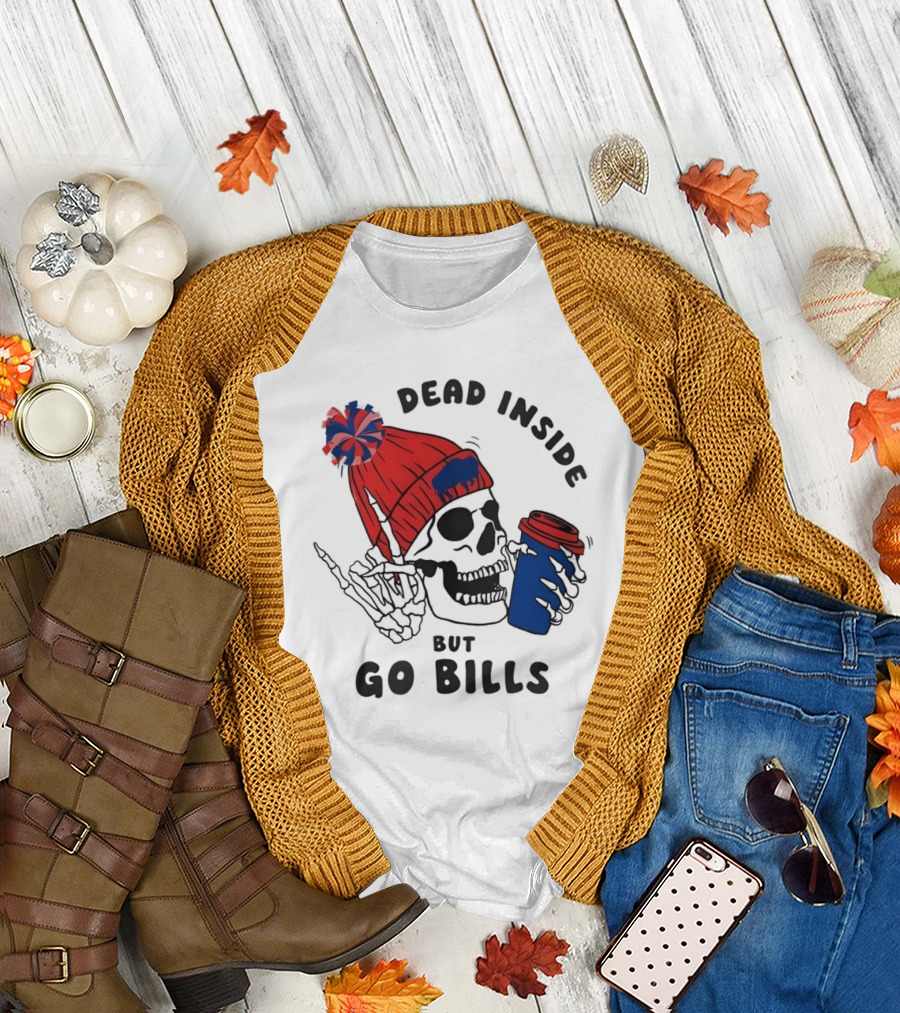 Dead Inside But Go Bills Skull Wearing Red Beanie Drinking Coffee T-Shirt