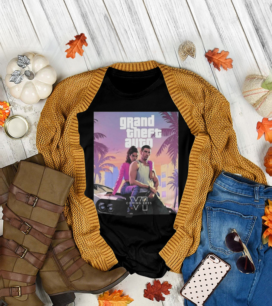 Grand Theft Auto VI Coming 2025 Retro Vice City Vibes Palm Trees Car T-Shirt
