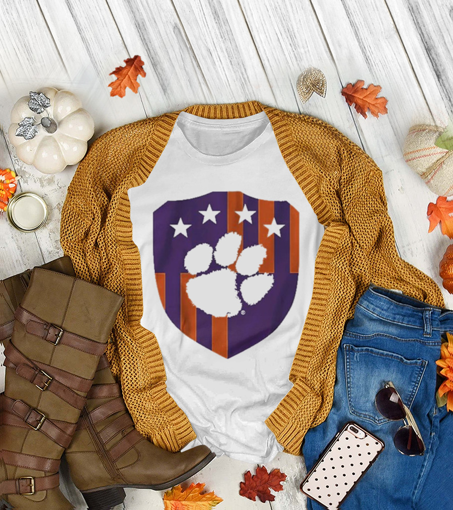 Clemson United Paw Print Shield with Four Stars Orange and Purple T-Shirt