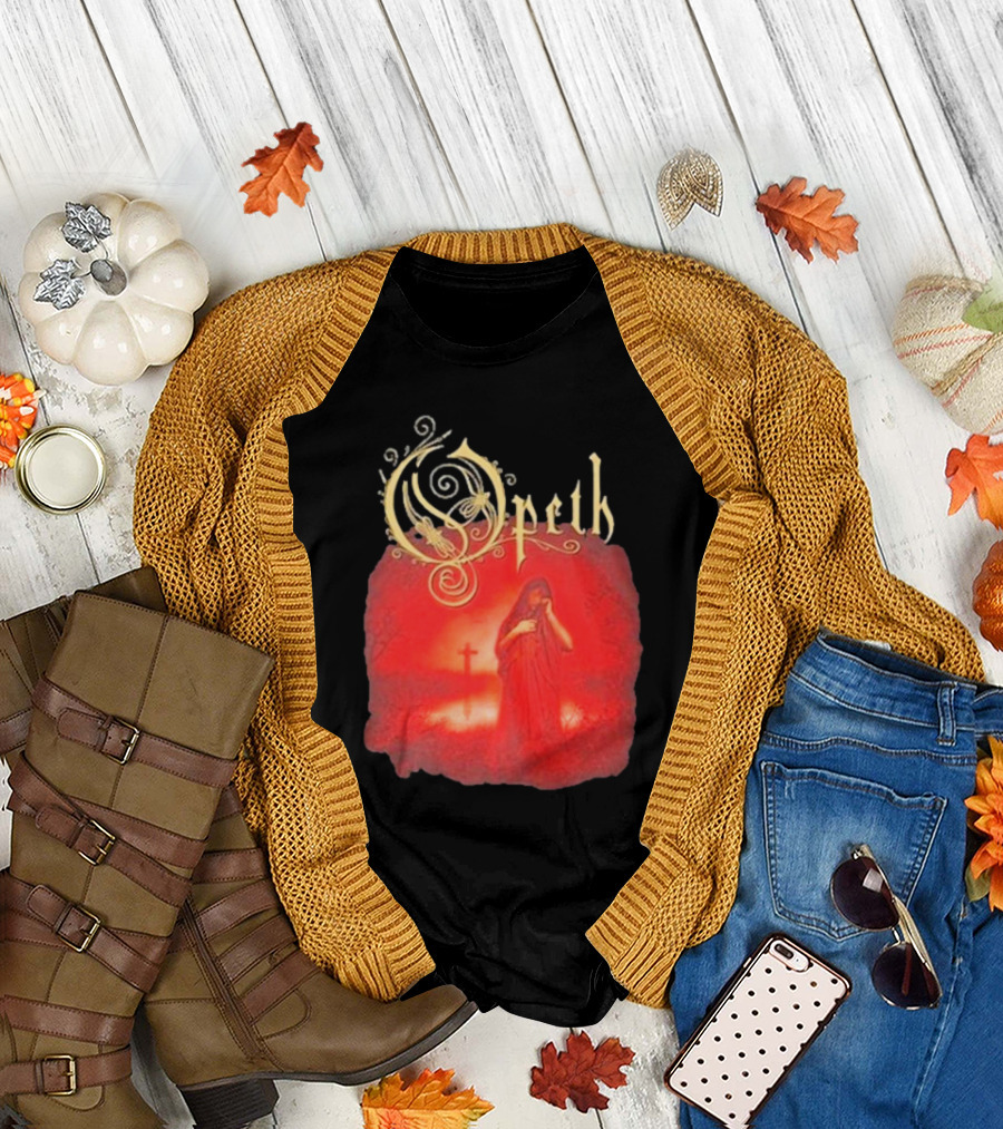 Opeth Still Life Gothic Red Cloaked Figure and Cross T-Shirt