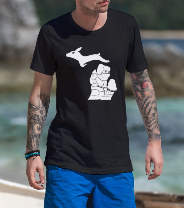 Michigan Winter Snow Shoveling And Leaping Deer T-Shirt