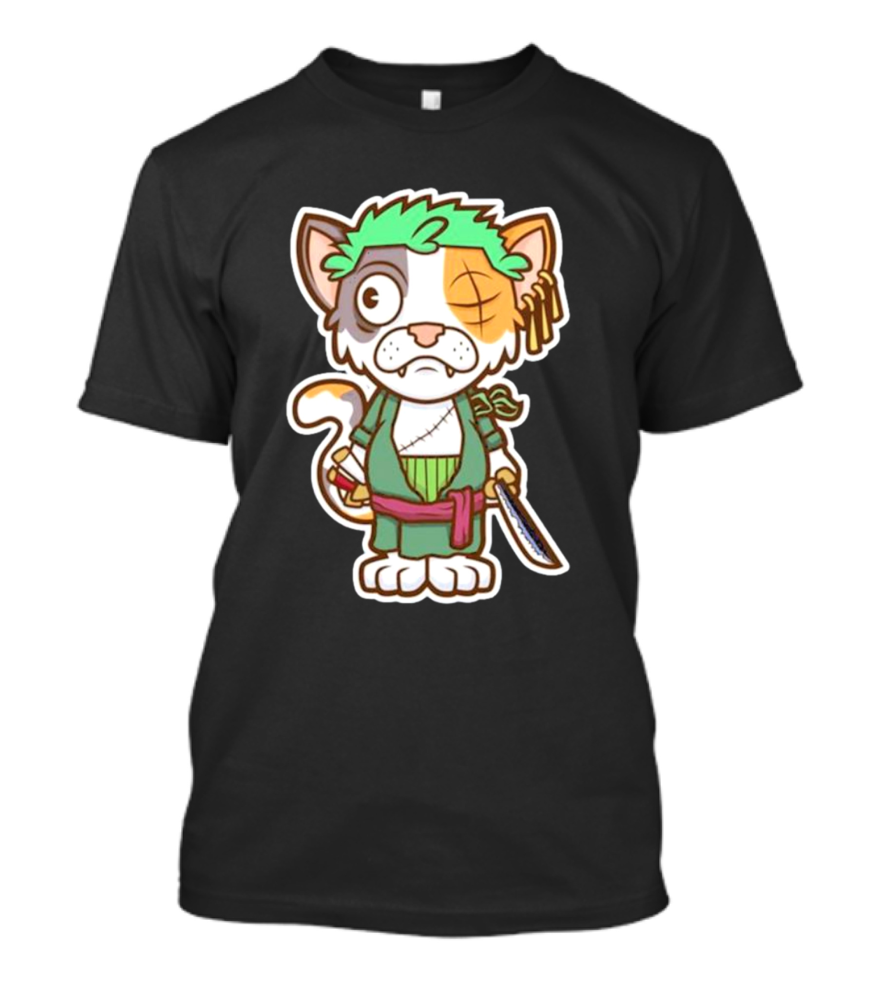 Roronoa Lingling Cat Pirate Anime Character Sword Green Hair Eye Patch T-Shirt