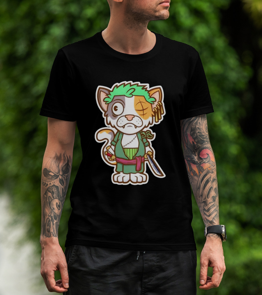Roronoa Lingling Cat Pirate Anime Character Sword Green Hair Eye Patch T-Shirt
