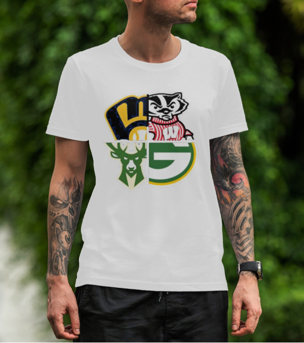 Milwaukee Brewers Packers Badgers Bucks Wisconsin Sports Quad T-Shirt
