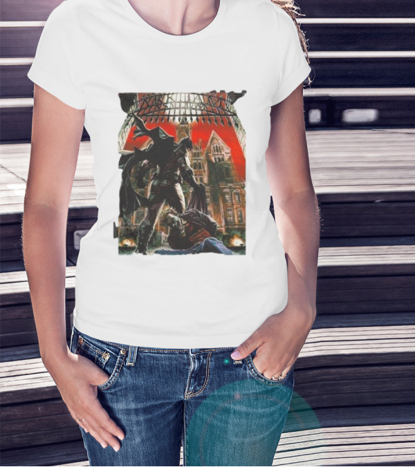 Batman Arkham Asylum Gothic Gate Dynamic Red Background Scene T-Shirt