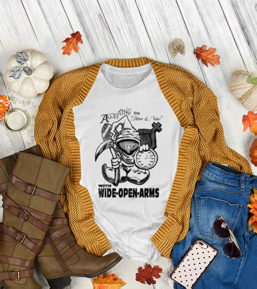 Accepting the Here and Now with Wide Open Arms Grim Reaper Holding Clock and Scythe T-Shirt
