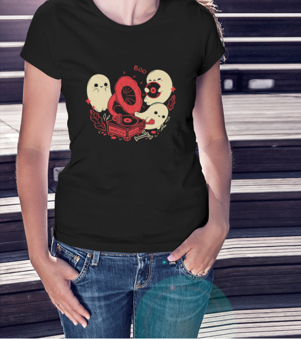 Boo Cute Gramophone Record Spooky Ghosts T-Shirt