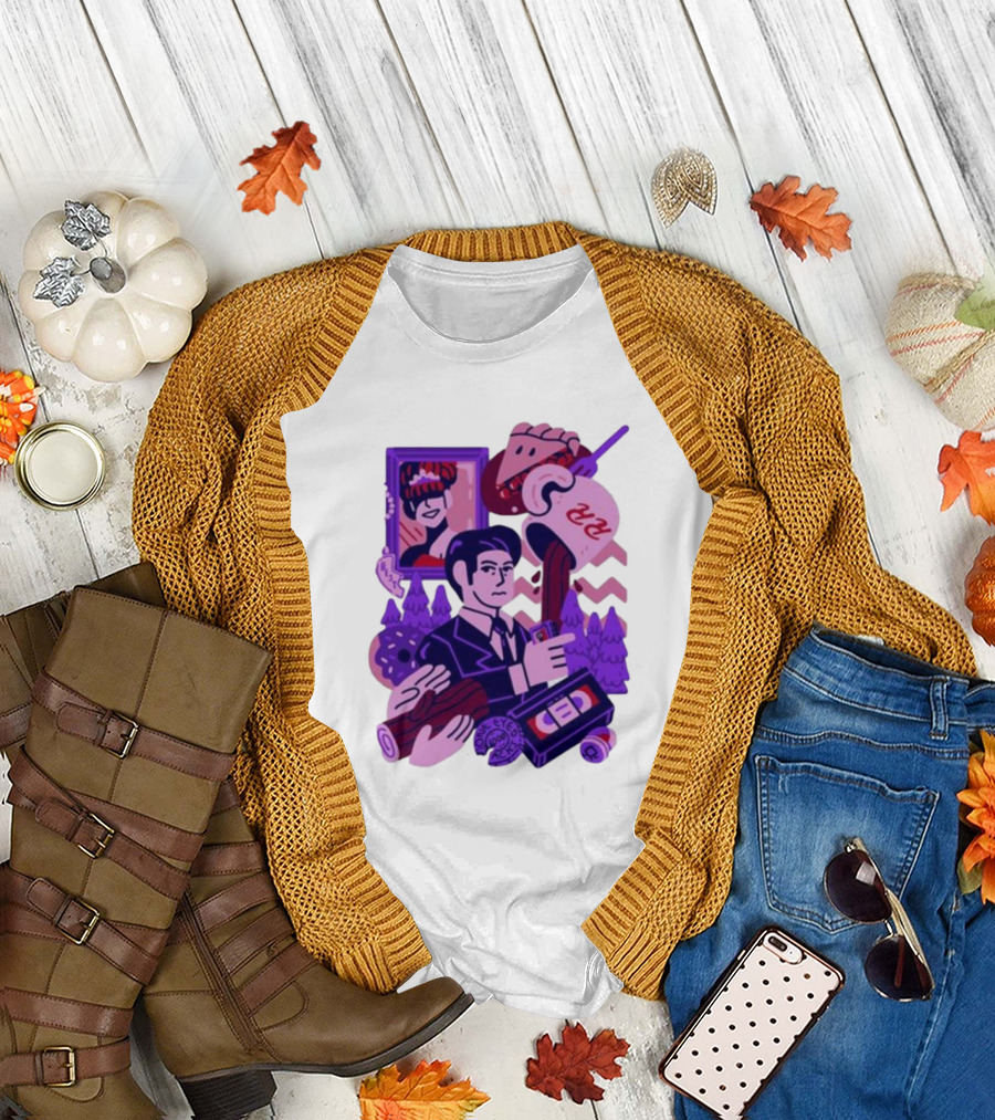Theyetee Meanwhile Twin Peaks Agent Cooper Coffee Donuts Log VCR T-Shirt