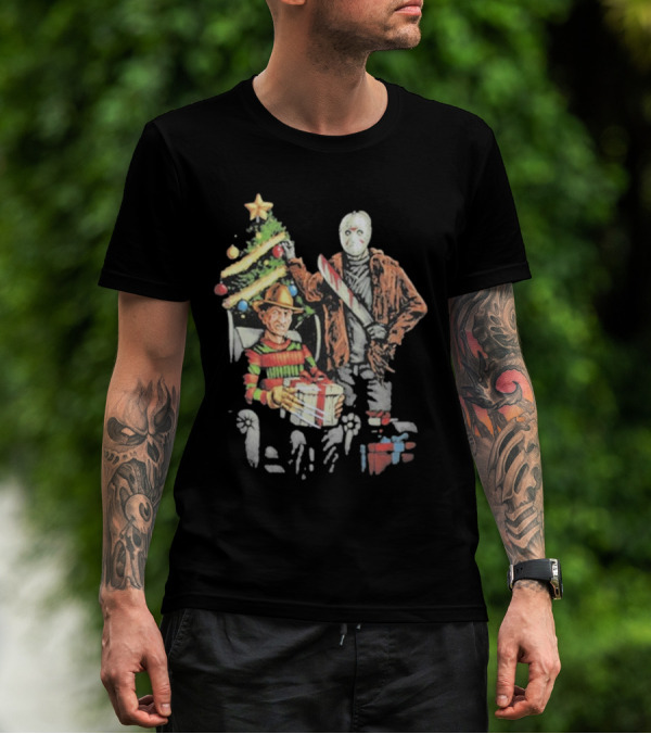 Jason Voorhees Freddy Krueger Christmas Horror Icons Holiday Scene T-Shirt