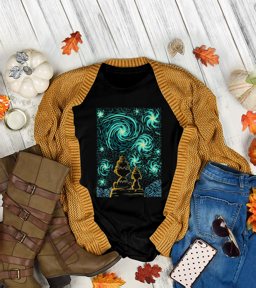 Peanuts Snoopy And Charlie Brown Starry Winter Night Scene T-Shirt