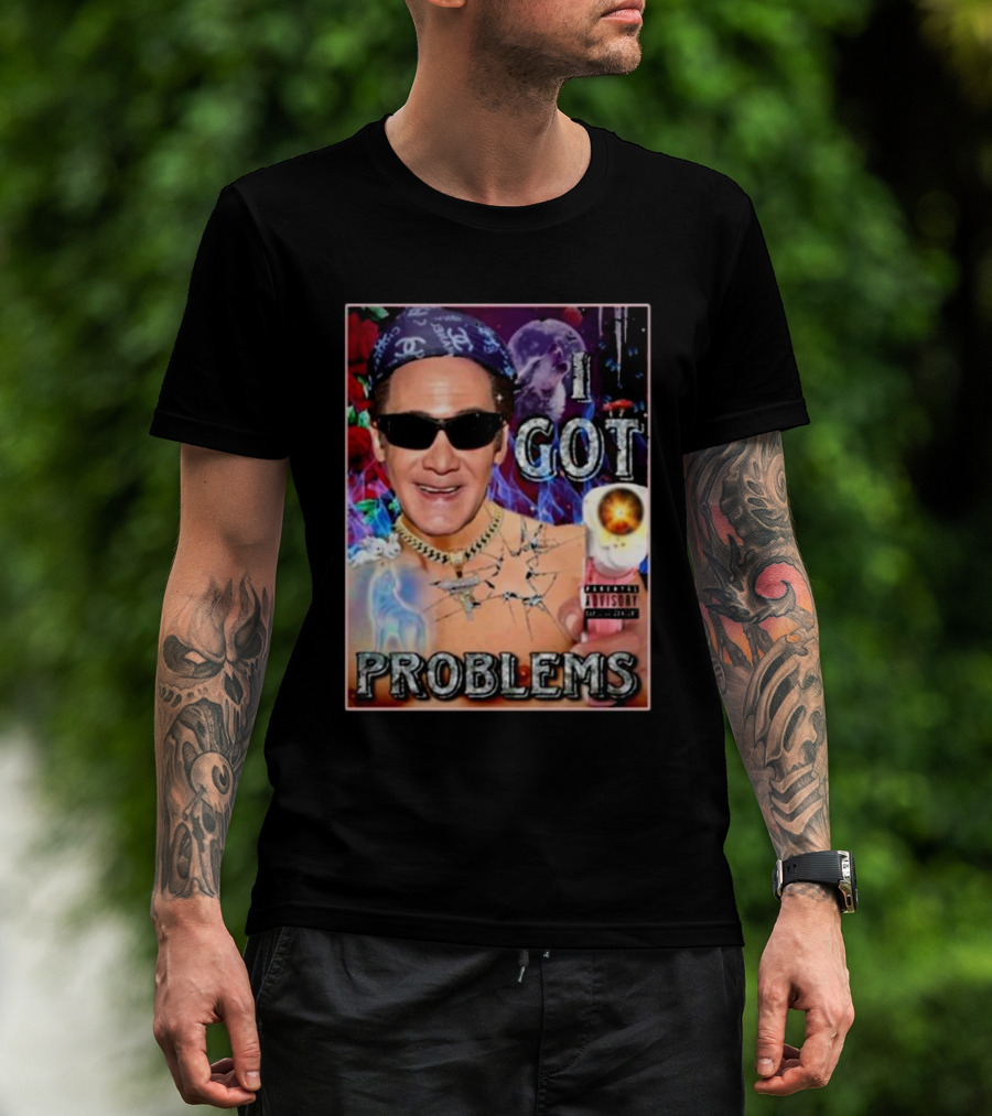 The Jersey Outlaw I Got Problems Colorful Portrait With Sunglasses And Explosive Background T-Shirt