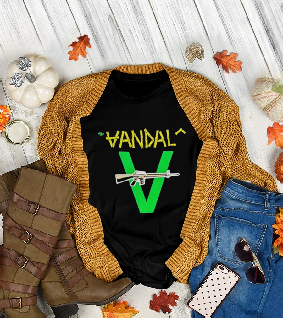 The Vandals Yellow Text Green V Rifle Image T-Shirt