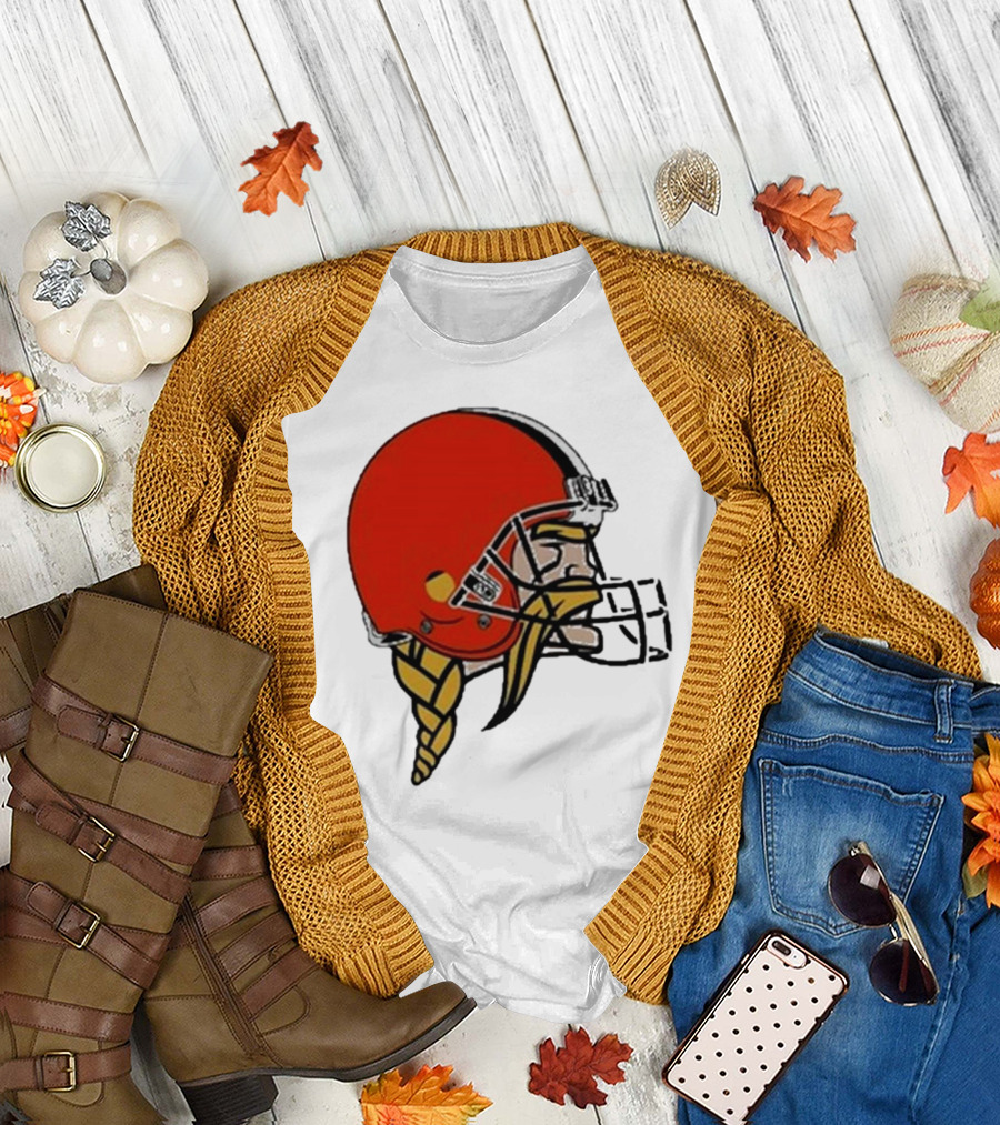 Quality Jay Cuda Browns Vikings Dual Logo Helmet T-Shirt
