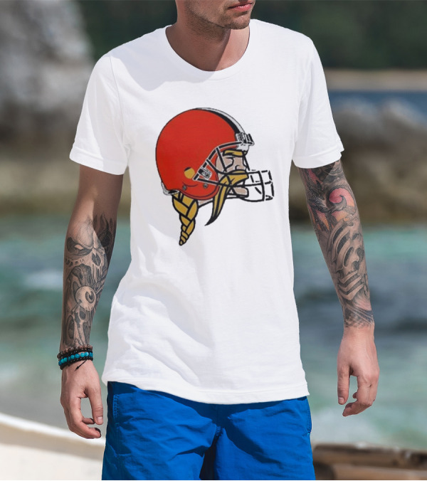 Quality Jay Cuda Browns Vikings Dual Logo Helmet T-Shirt